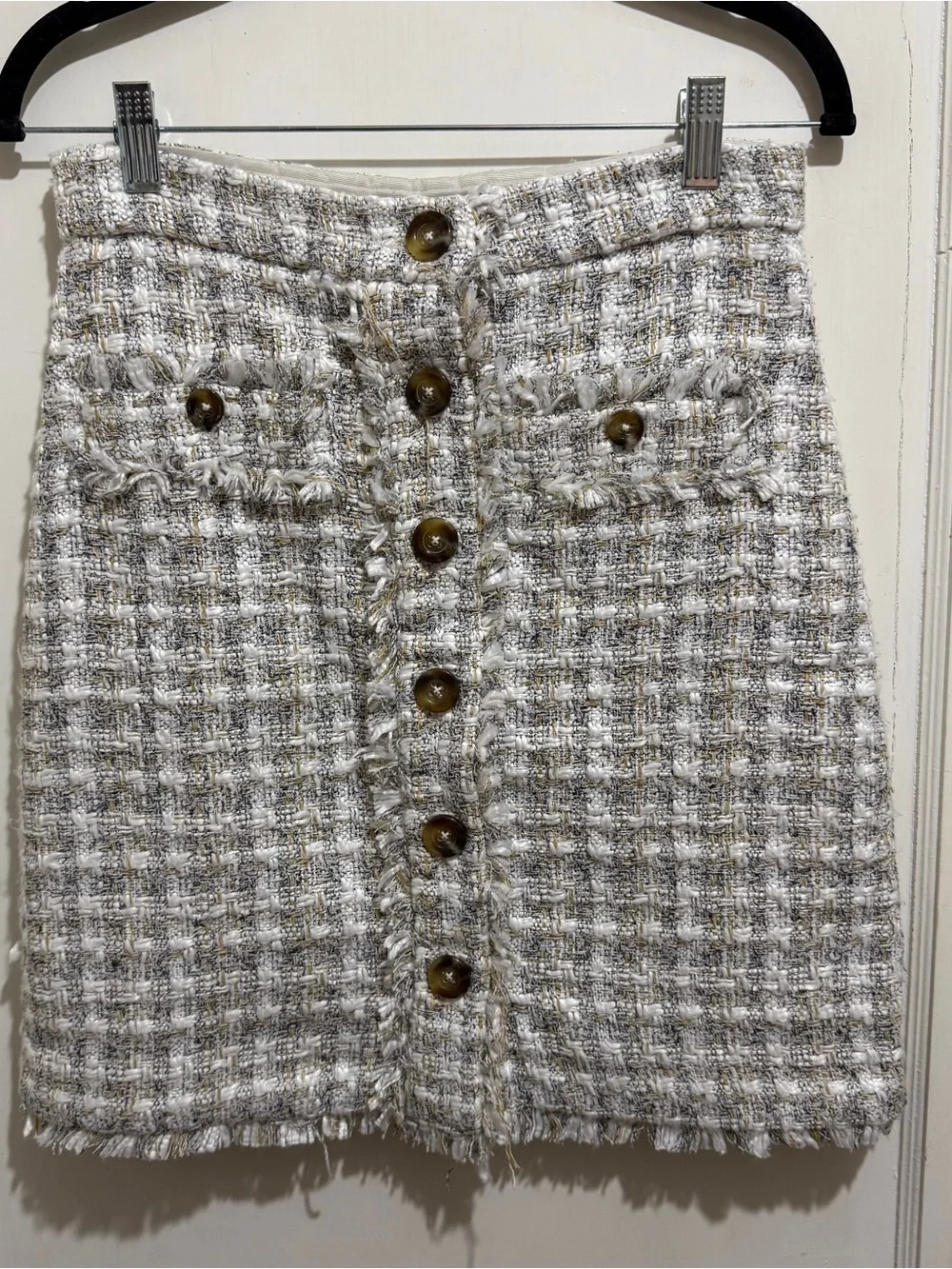 Ann Taylor Bouclé Cream Button-Front Mini Skirt